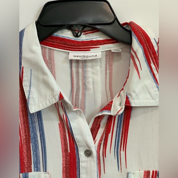 NWT Westbound Petites XL Red White Blue Short Sleeve Point Collar Button Blouse - Picture 6 of 11